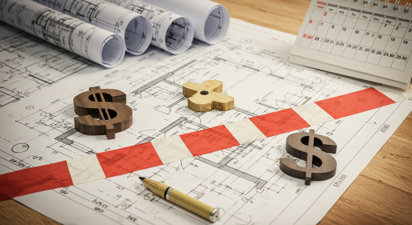 A blueprint or architectural plan laid out on a worktable — but instead of clean lines and measurements, it’s overlaid with faded dollar signs, red tape, and calendar pages. The dollar signs are partly hidden under the blueprint edges, suggesting costs builders don’t see at first glance. The red tape could run diagonally across part of the plan, and the calendar pages show deadlines creeping later and later.