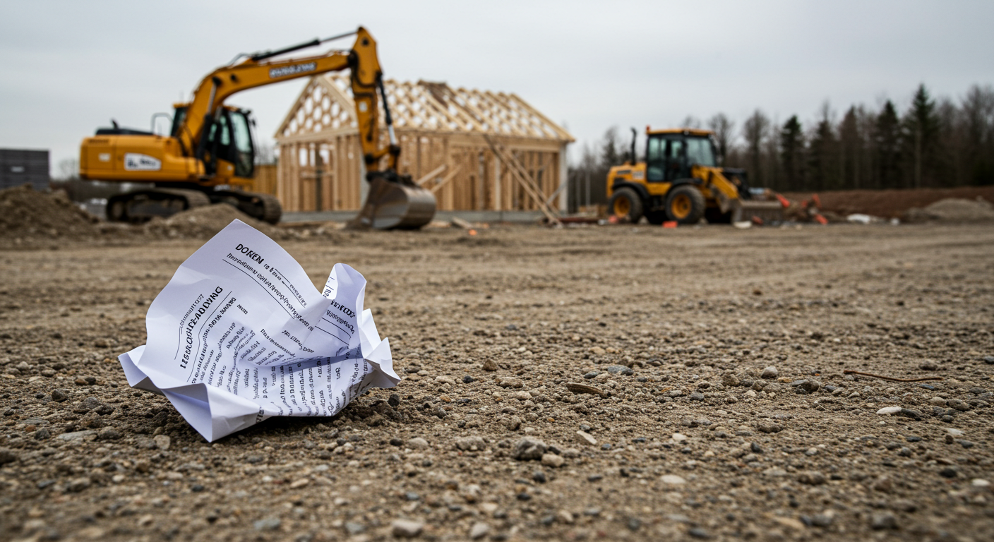 A crumpled loan document lying on the ground of a construction site, with a half-built house and idle construction equipment in the background. The scene should feel realistic and gritty, symbolizing a stalled project and the risks of choosing the wrong lender.