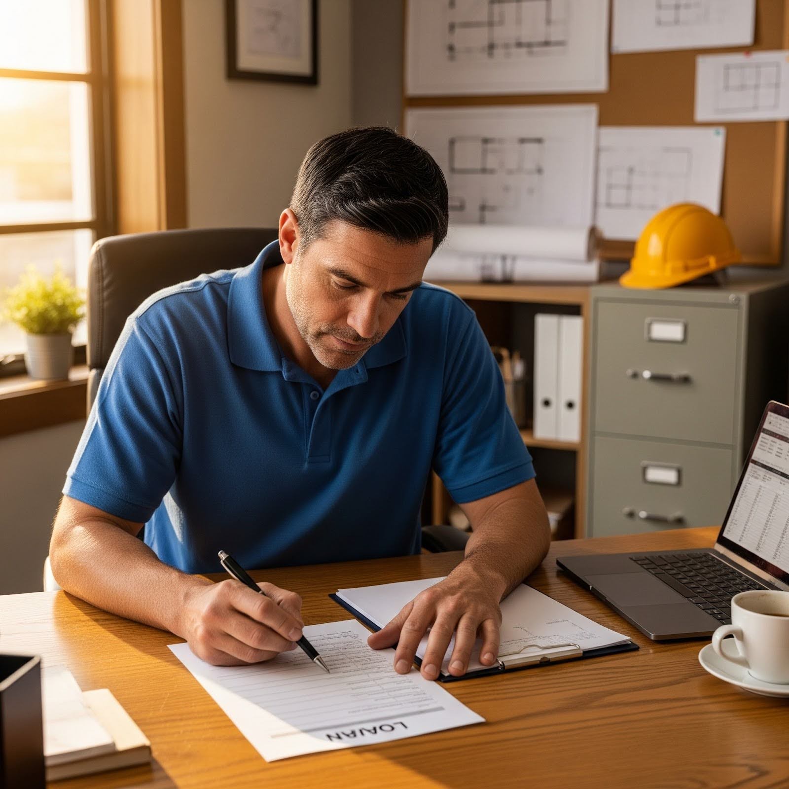 A builder is sitting in their office reviewing loan paperwork.