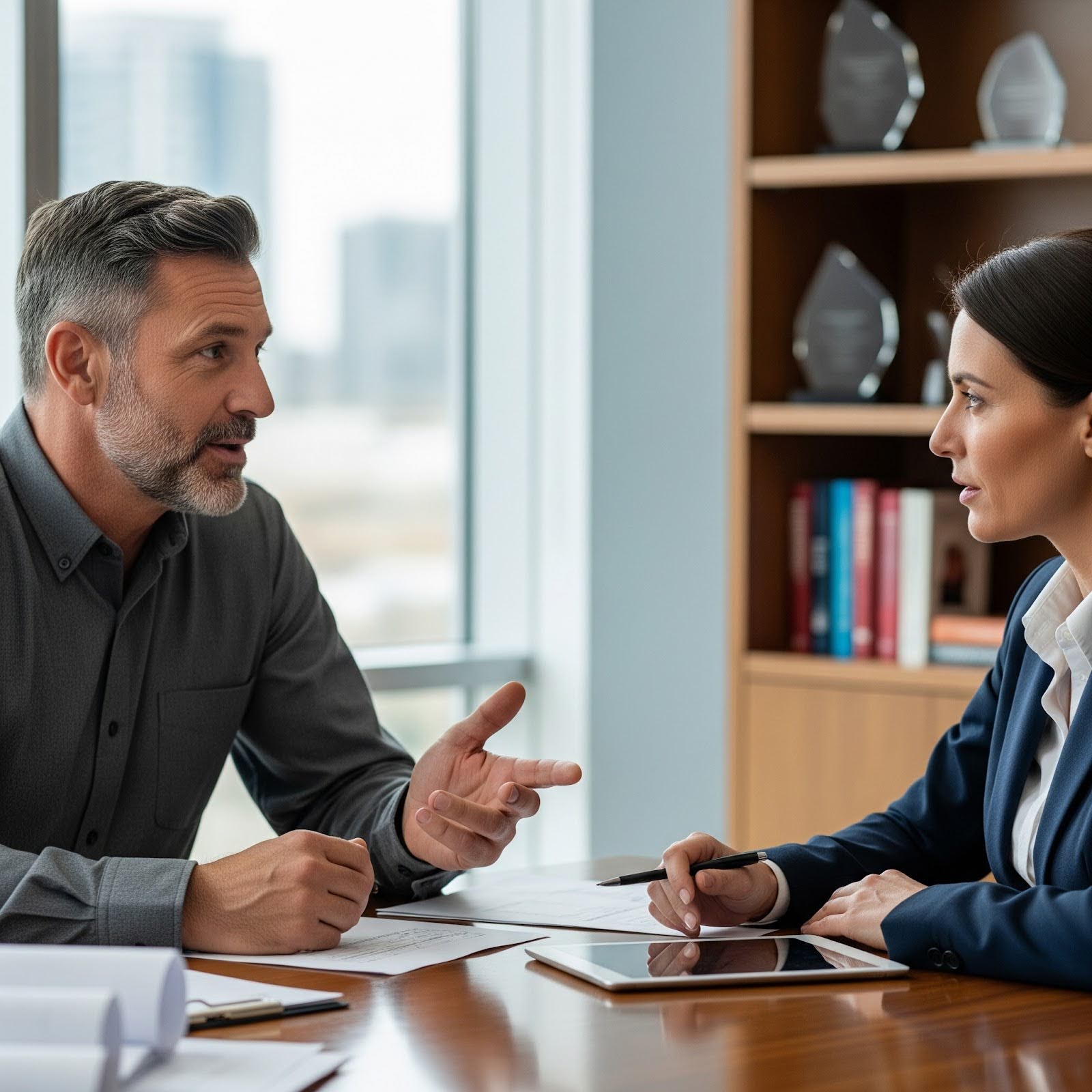 A construction professional talks with a lender in an office.