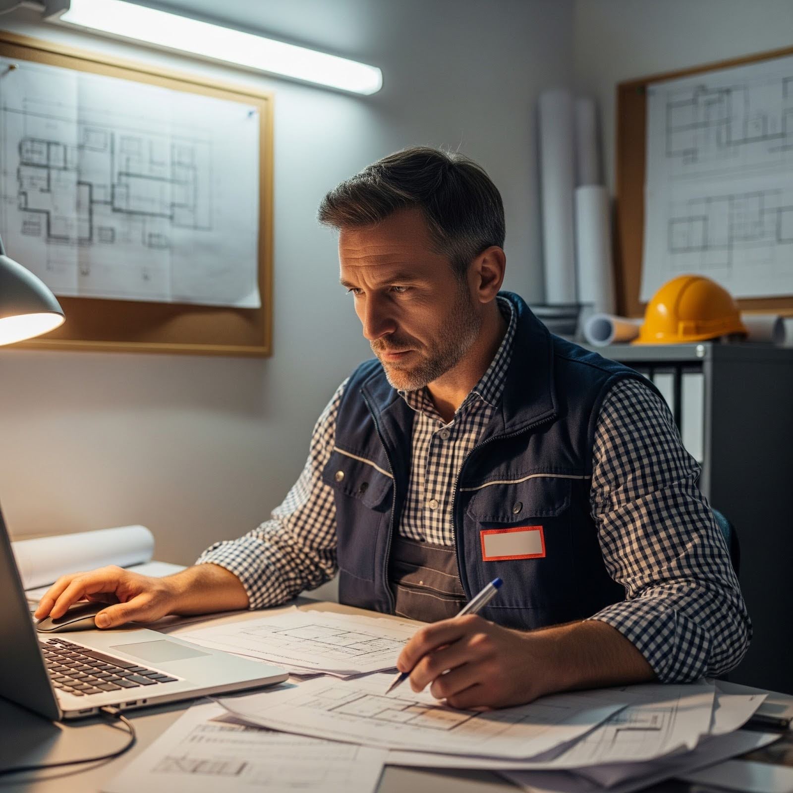 A builder is sitting in their office reviewing loan paperwork on their computer.