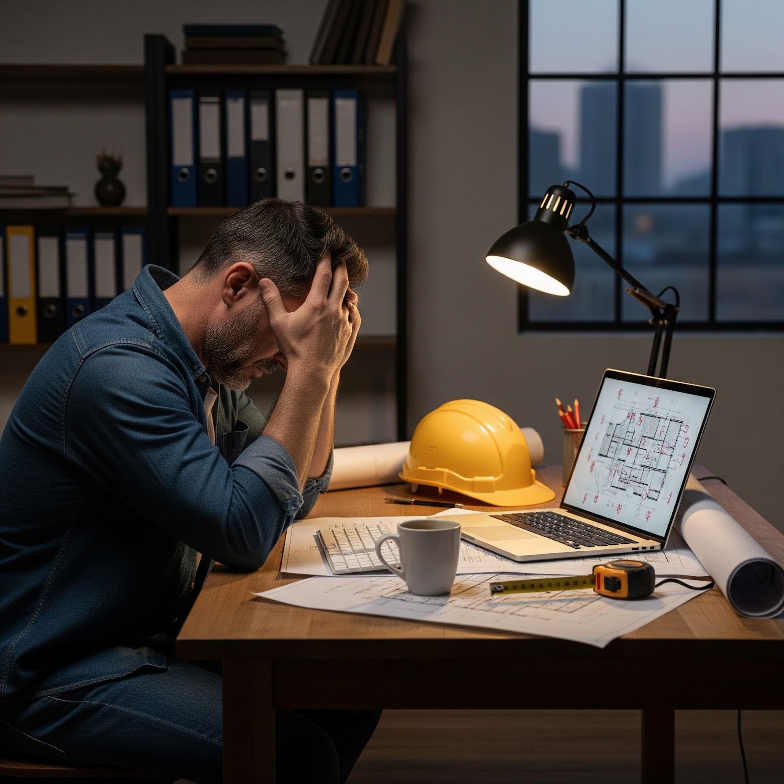 A builder sits at their desk, looking frustrated with their head in their hands.