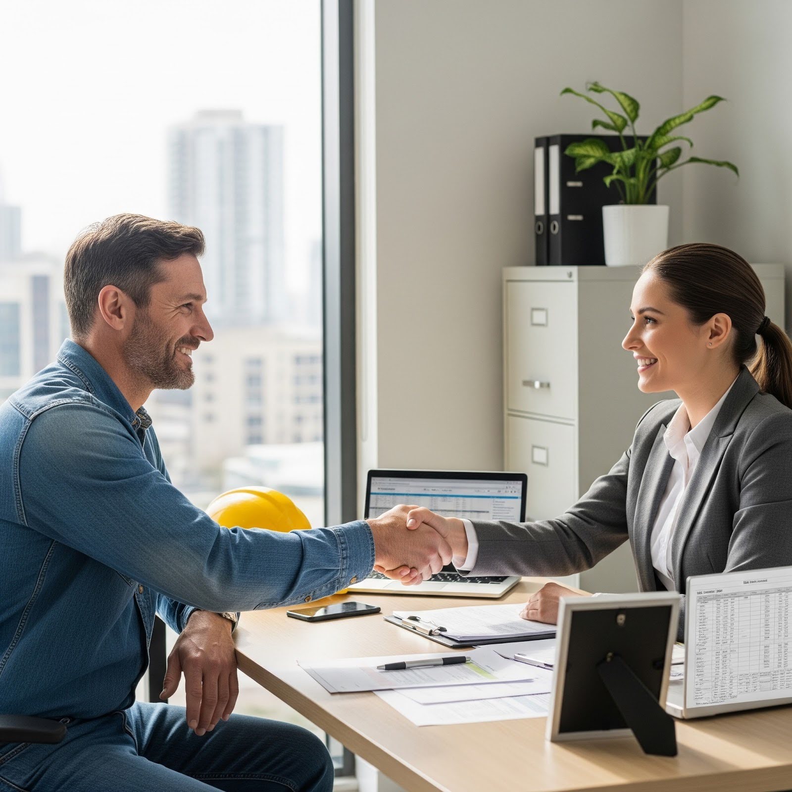 A builder sits with a loan officer to discuss construction loan details. They are both smiling.