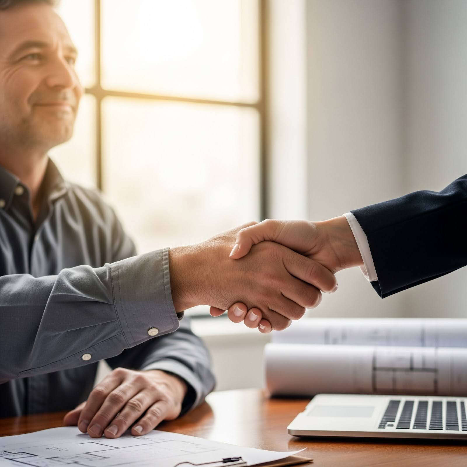 A builder and lender shake hands in a business office. 