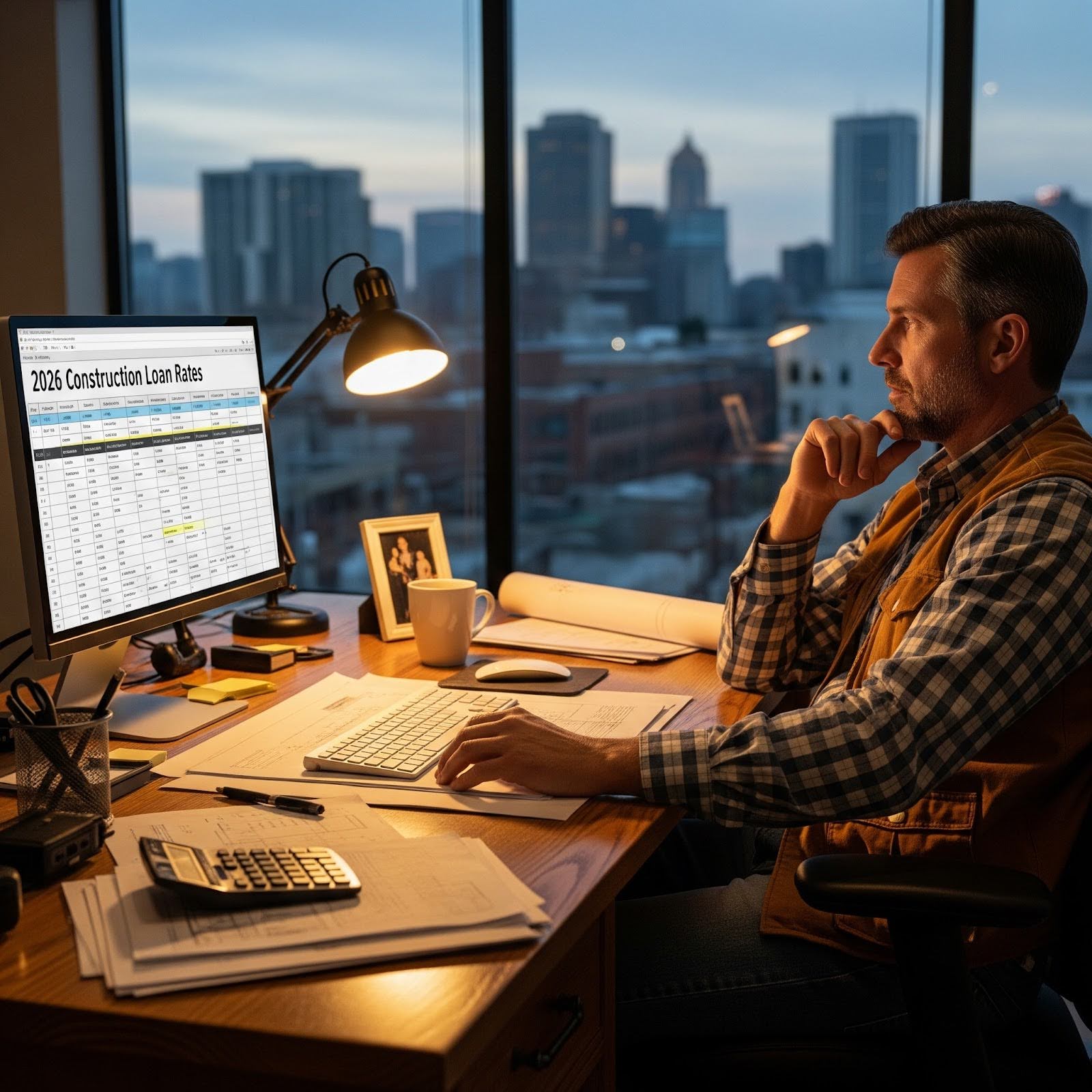 A builder is reviewing construction loan rates on a computer while sitting in their office.