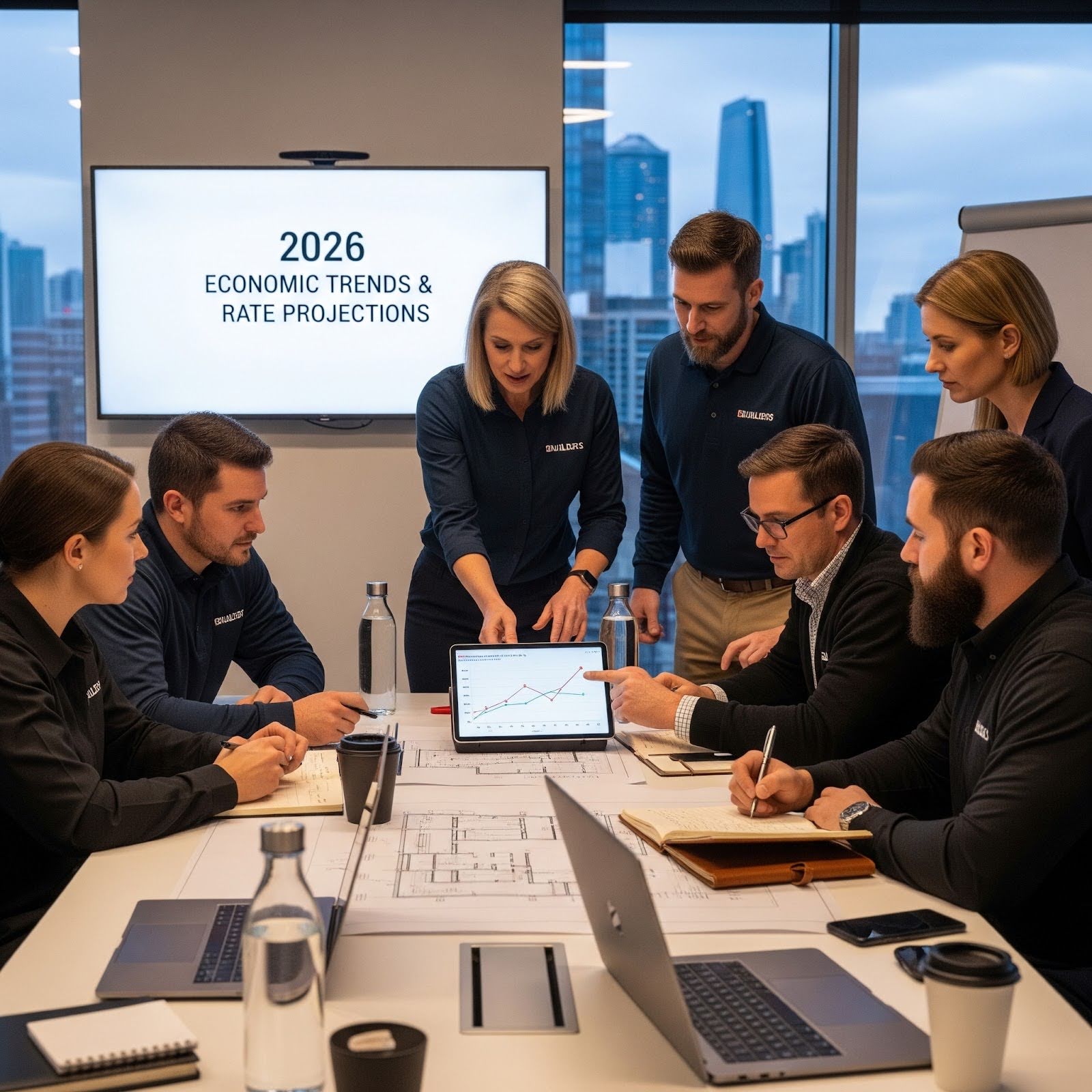 A group of professionals reviews 2026 construction loan rate trends in a meeting.