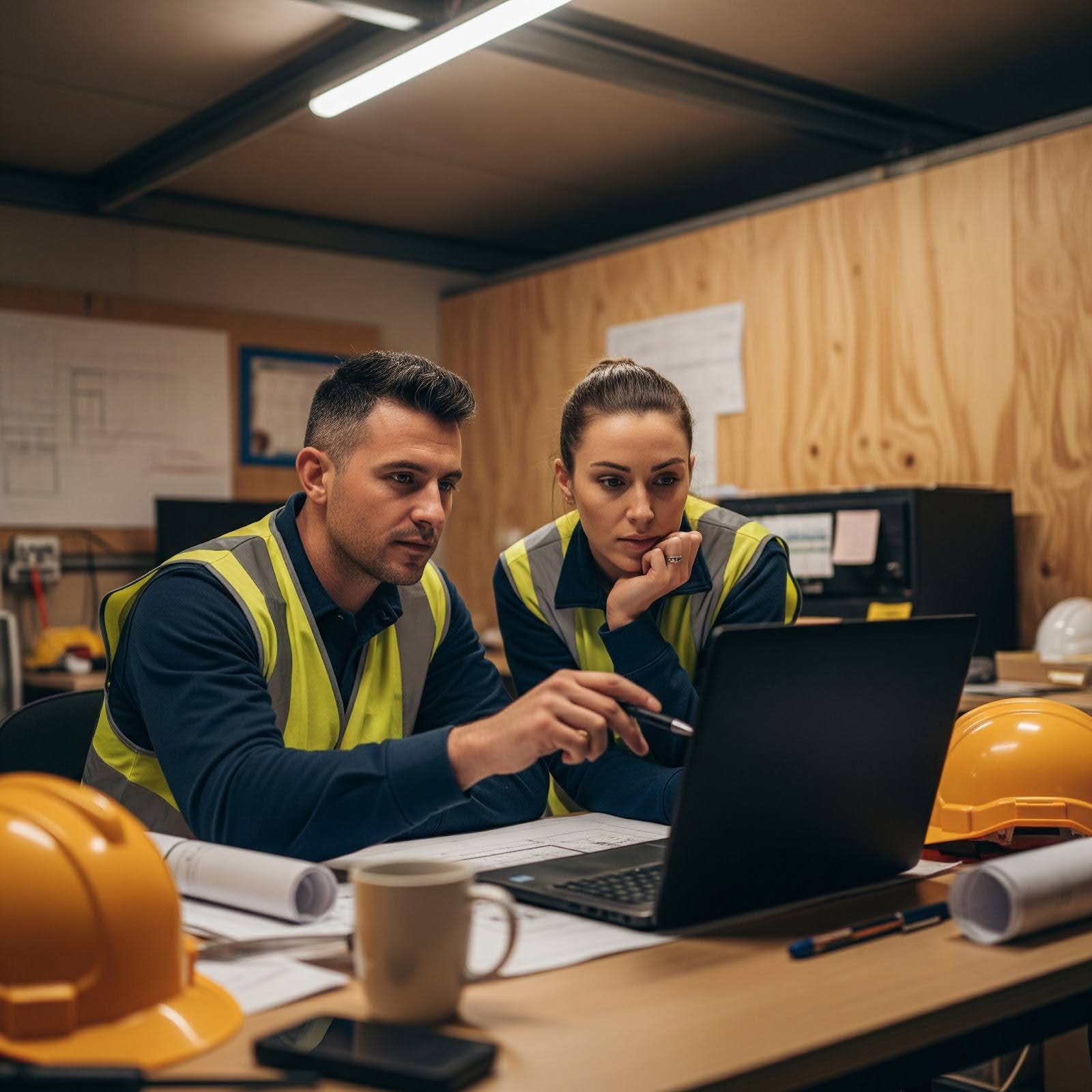 Two builders review loan information on a computer.