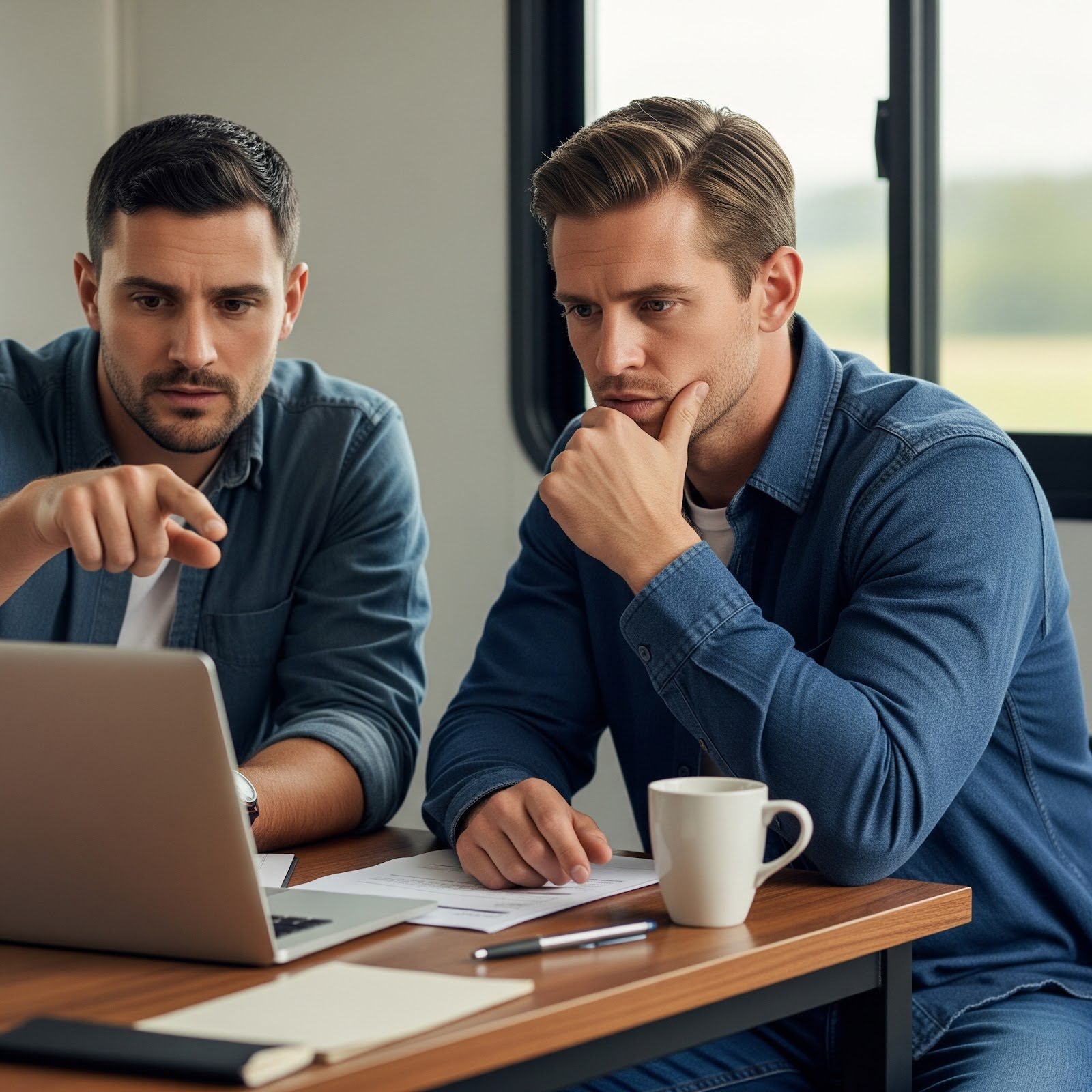 Two builders are risk planning together in an office.