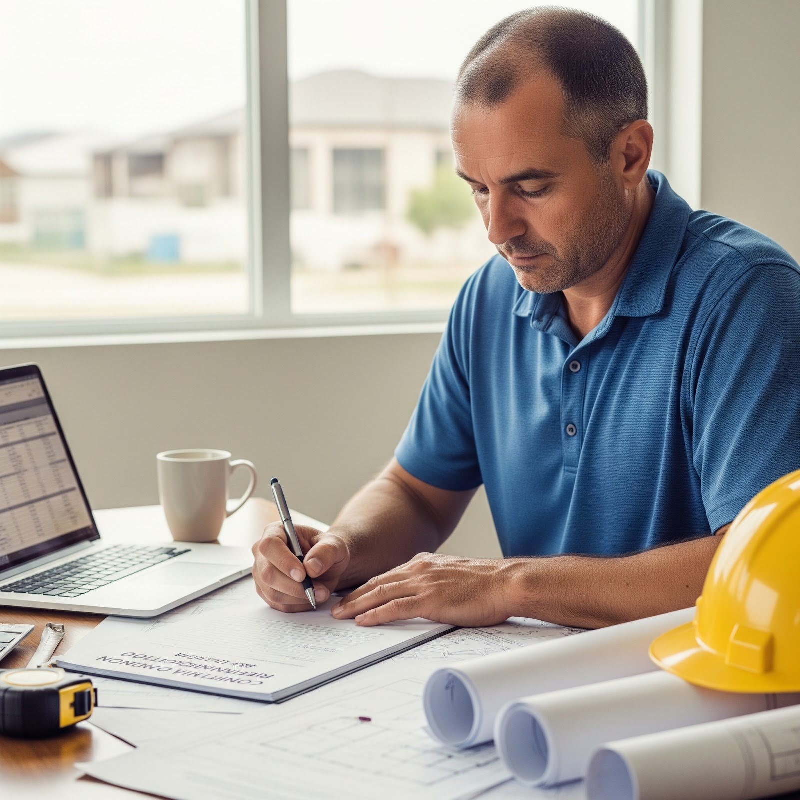 A builder is filling out a construction loan refinancing application.