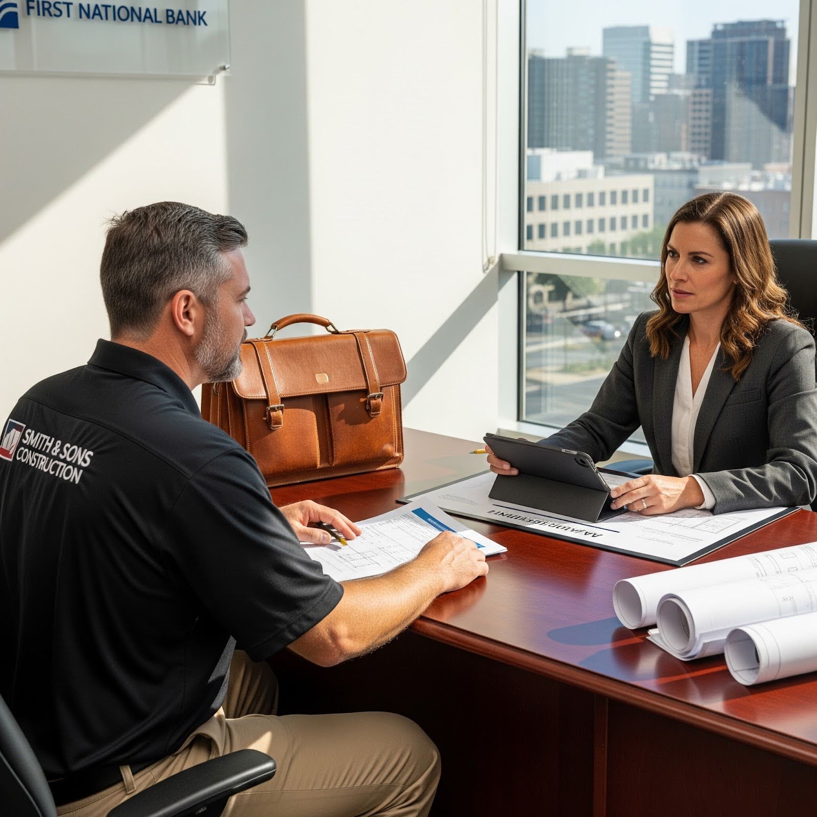 A builder is meeting with a lender to discuss construction loan refinancing.
