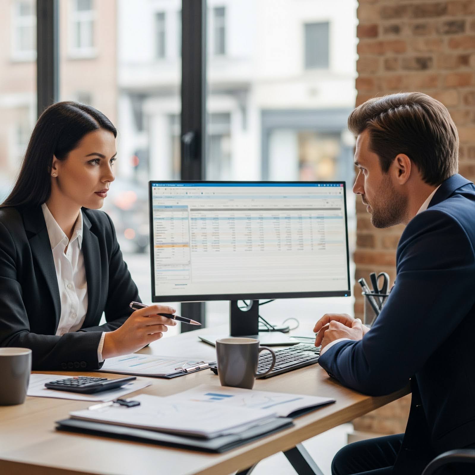 Two people sit at a desk in a lending office, discussing financial options with a computer in front of them.