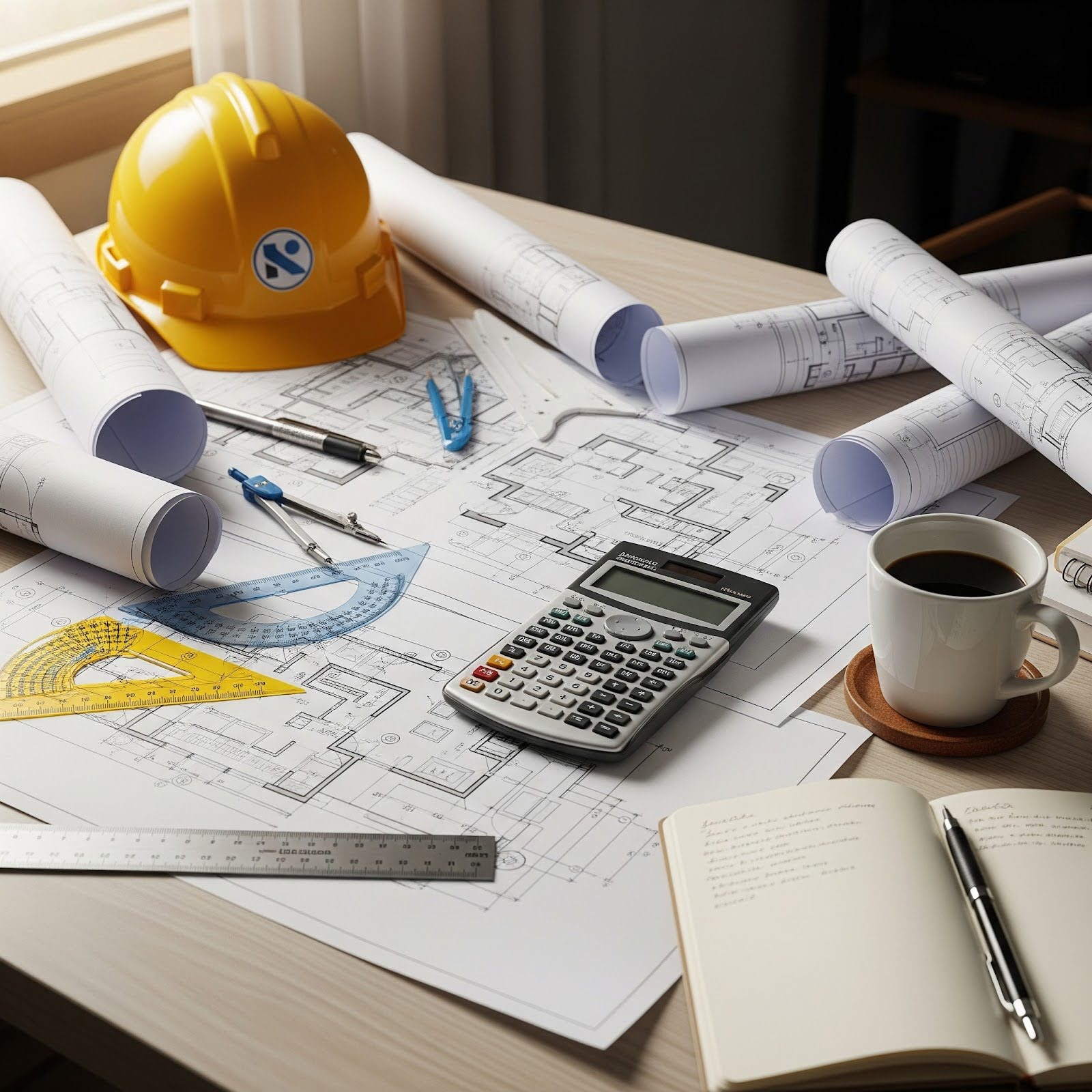 Blueprints are on a table with a calculator, a hard hat, calculation tools, and a coffee.