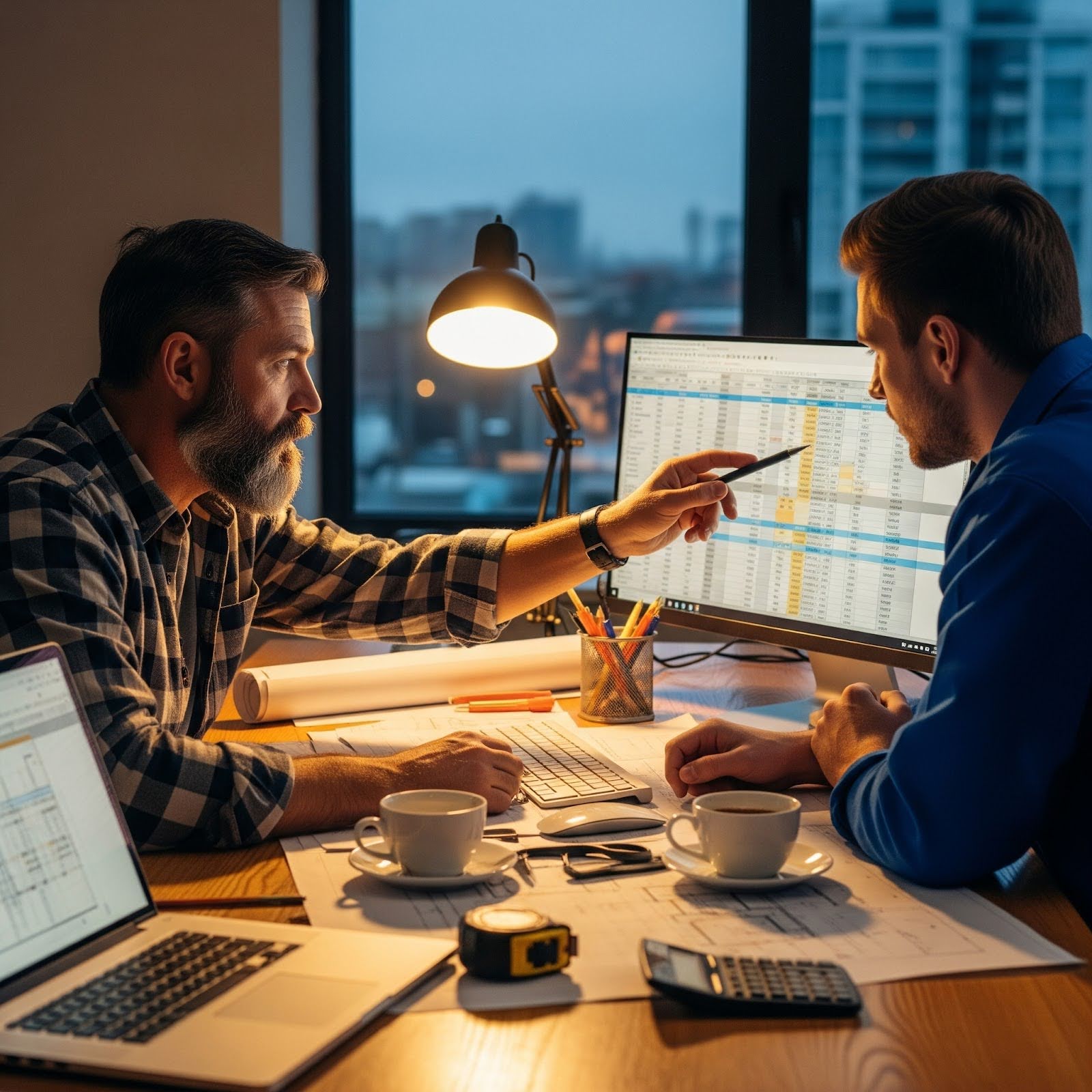 Two builders sit to review a budget shown on a computer screen.
