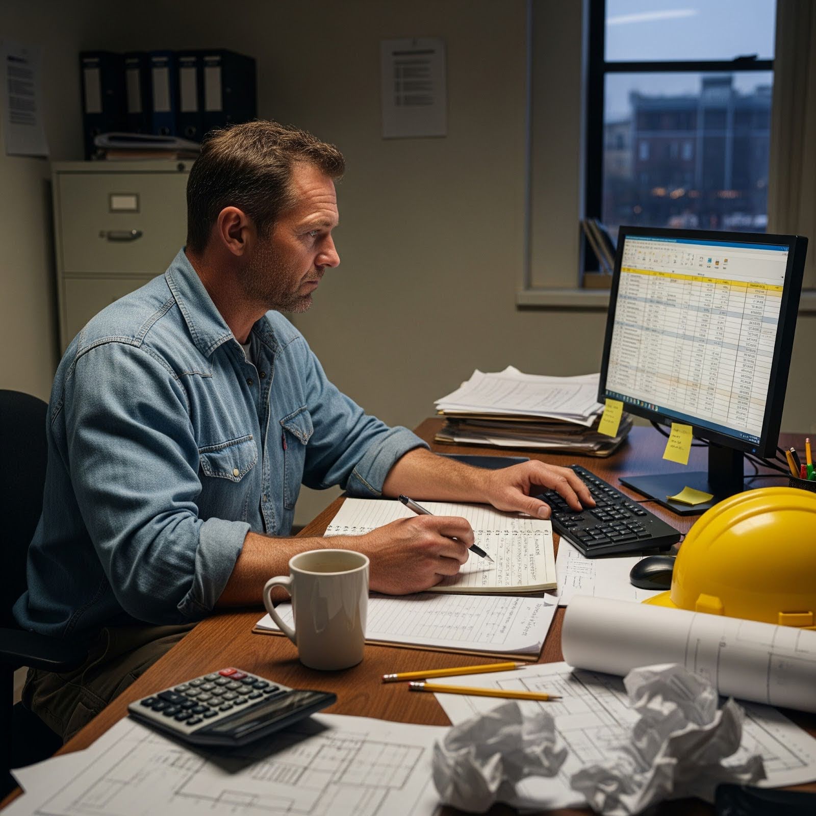 A builder sits at a desk reviewing a budget and crunching numbers.
