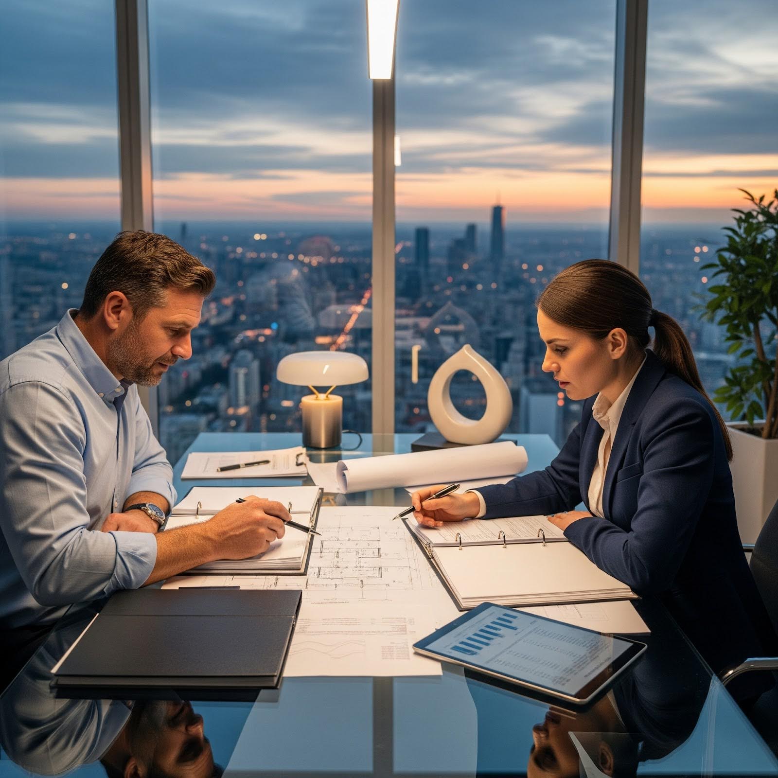 A builder meets with a private lender in a modern office with a city view, reviewing financial plans.
