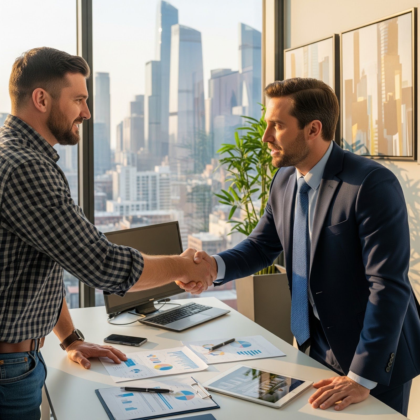 A builder shakes hands with a private lender in a modern office with a city view to review financial plans. 