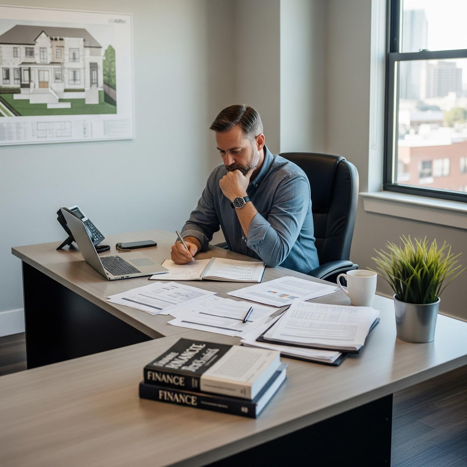 A builder is researching private lenders while sitting in their office.