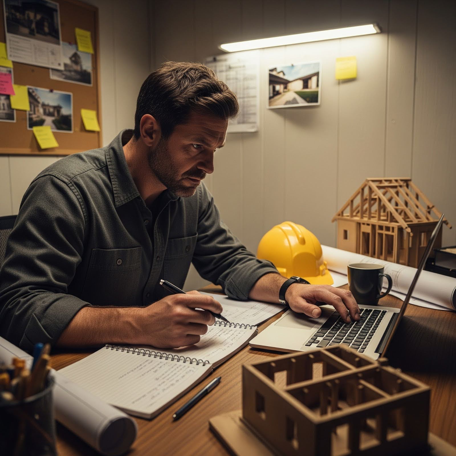 A builder is researching private lenders while sitting in their office, taking notes on their findings.