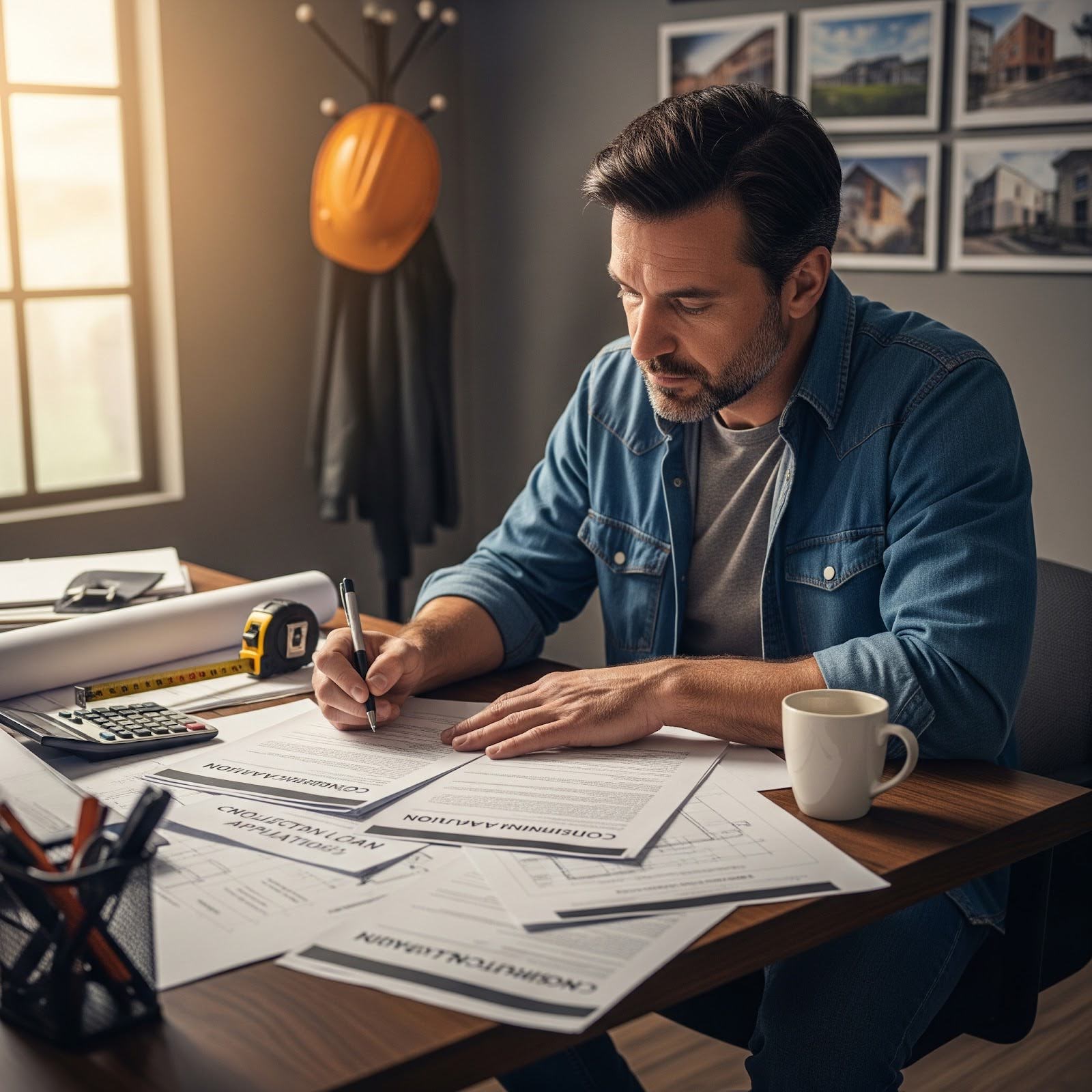 A builder sits at their desk, filling out financing paperwork.