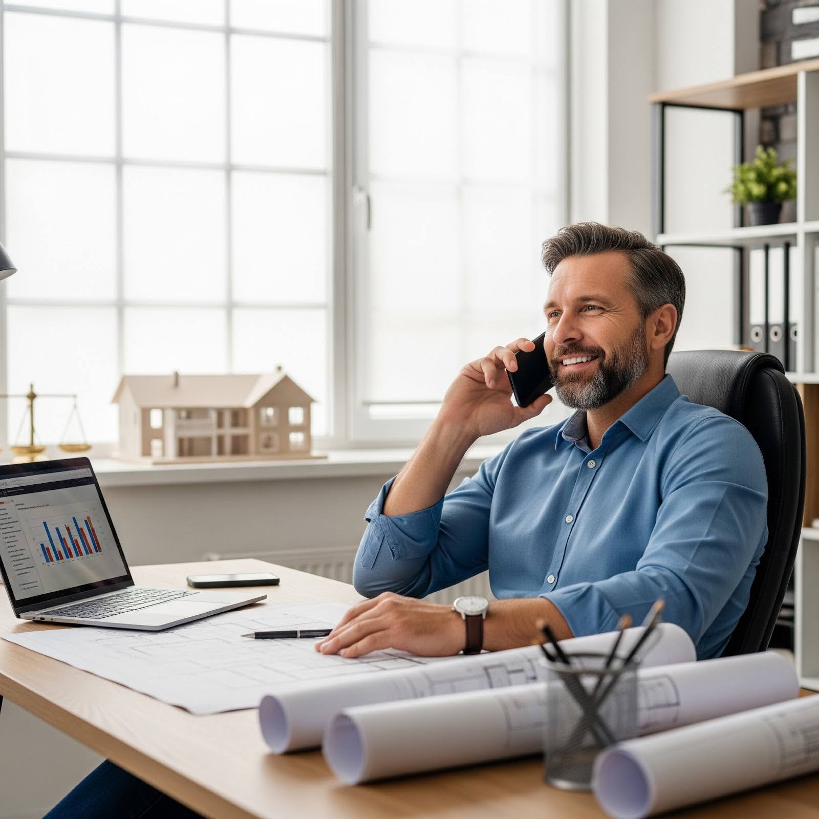 A builder sits at their desk, talking to a lender over the phone.