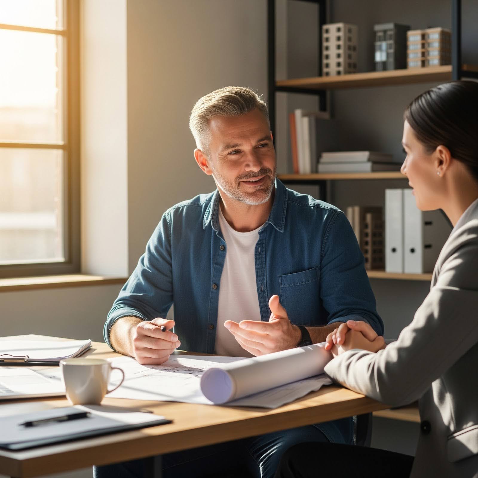 A builder sits and talks to a lender about refinancing options.