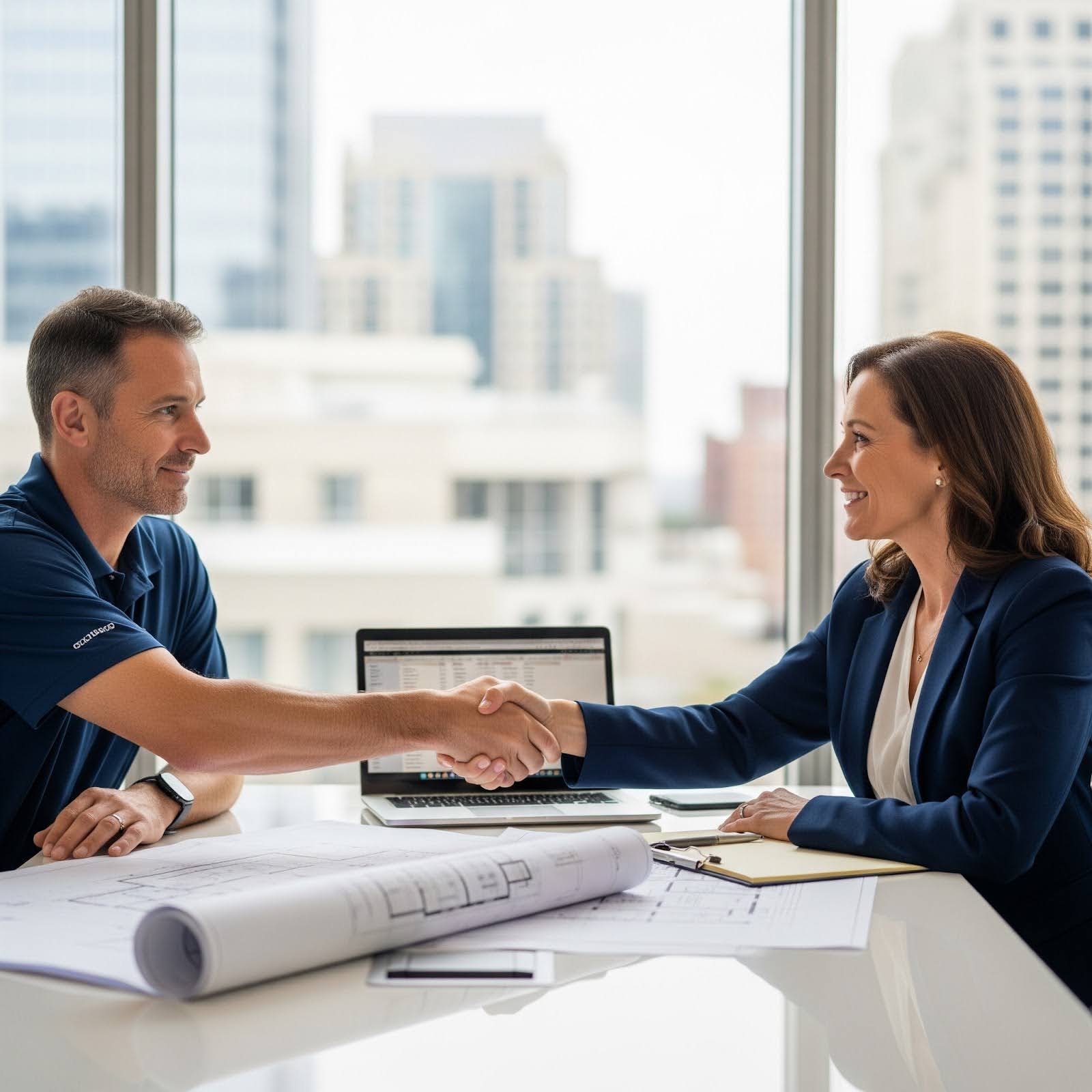 A builder sits and talks to a lender about financing options. They are shaking hands.
