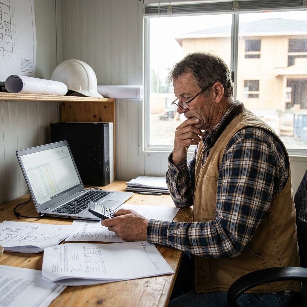 A builder sits in their office, reviewing a construction budget with a calculator in their hand.