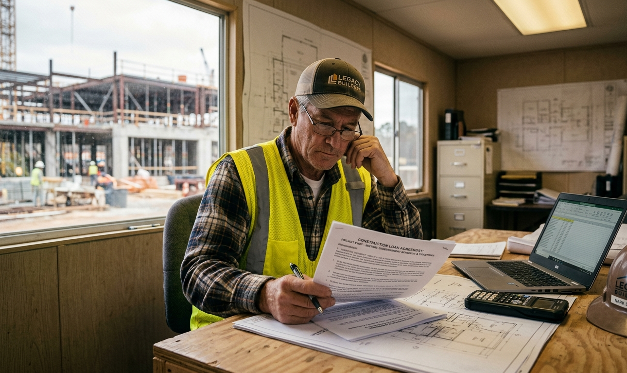 A construction worker is reading over a construction loan document while sitting in their office.