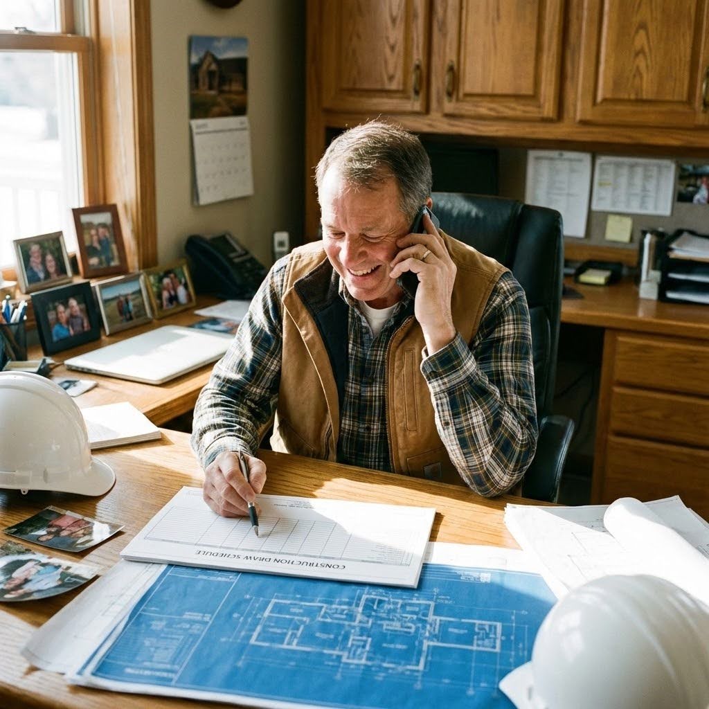 A builder sits in their office, reviewing a draw schedule and smiling while on the phone.