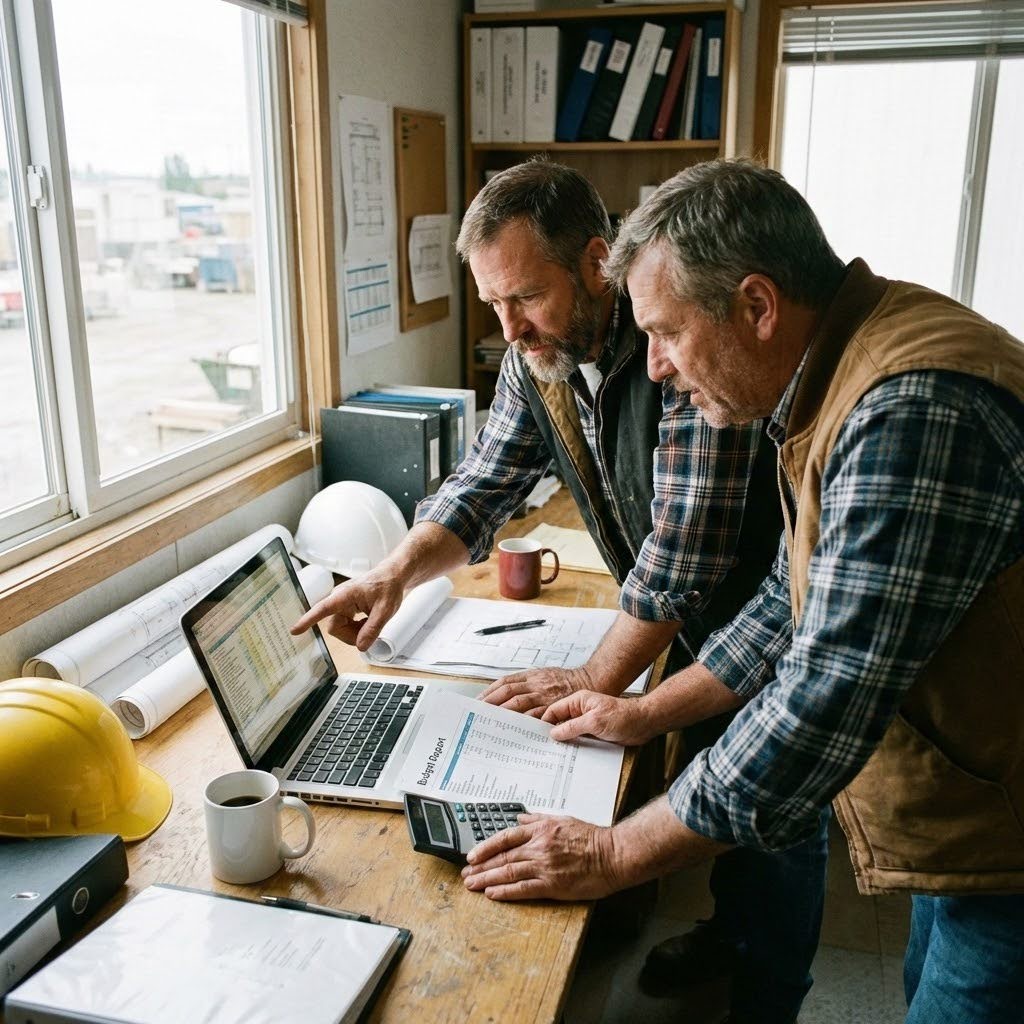 Two builders are in an office, reviewing a construction budget and talking through line items.