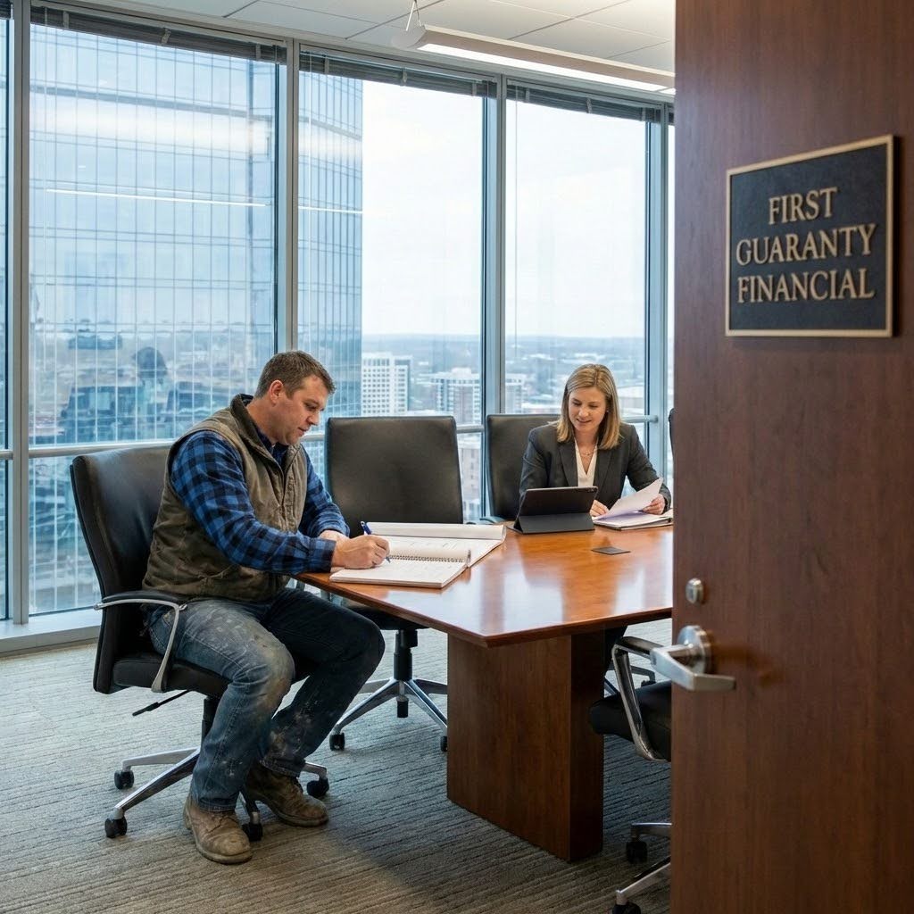 A construction worker is meeting with a loan officer to review a construction loan document. The builder is taking notes.