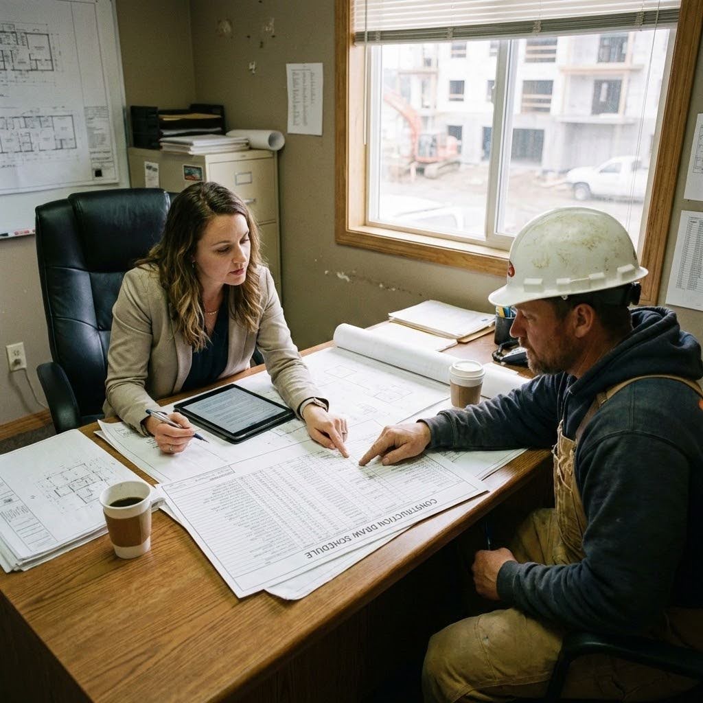A lender is going over a draw schedule with a builder in their office.