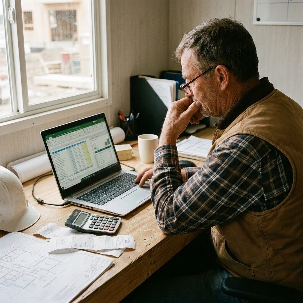 A builder sits in their office, editing a construction budget on their computer.