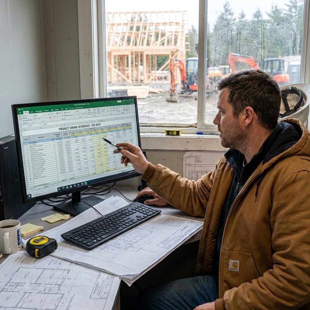 A builder is reviewing a draw schedule on their computer.