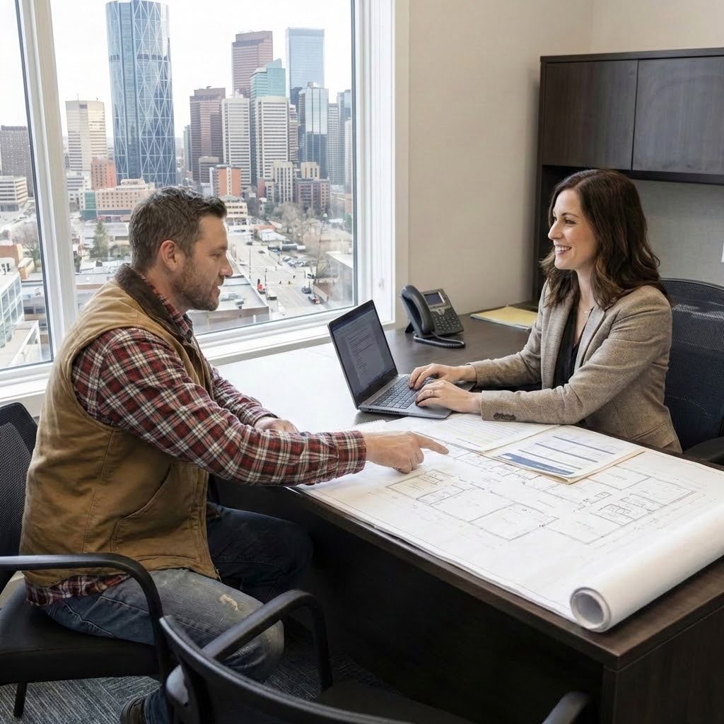 A builder sits and talks with their lender about financing options for their next build. 