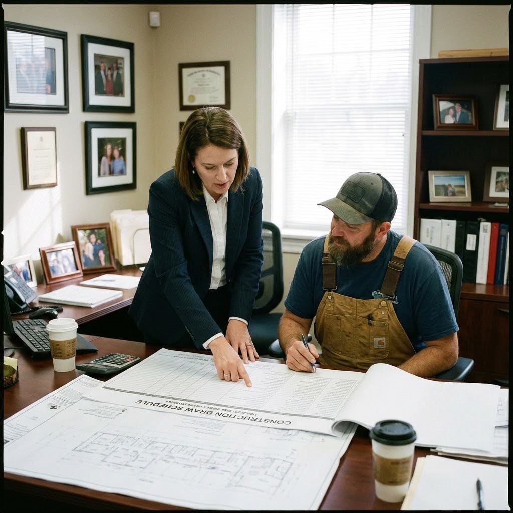 A lender is going over a draw schedule with a builder in their office.