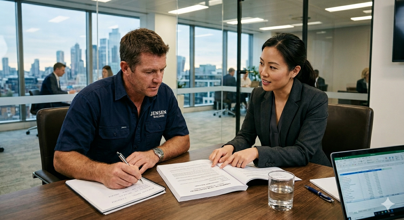 A builder is meeting with a loan officer in a corporate office. They are reviewing a construction loan application, and the builder is taking notes.