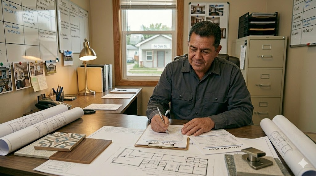 A professional builder is in an office, filling out a loan application sheet for their upcoming spec home project.