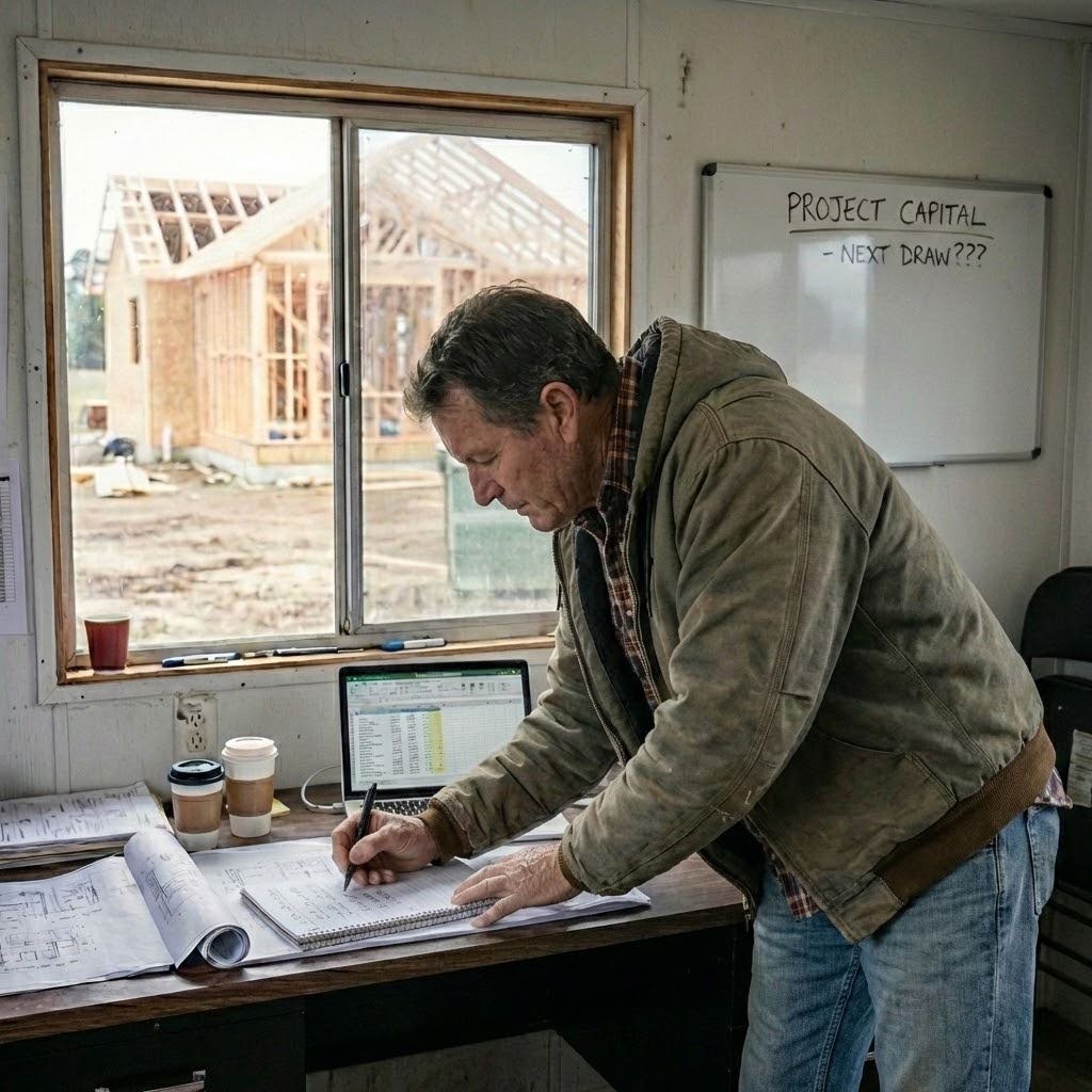 A builder is in an office, writing down loan information in a notebook.