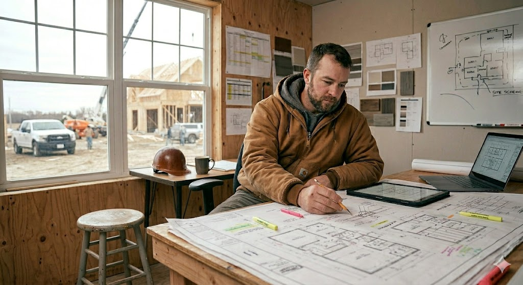 A builder sits at their desk, reviewing plans for a build.