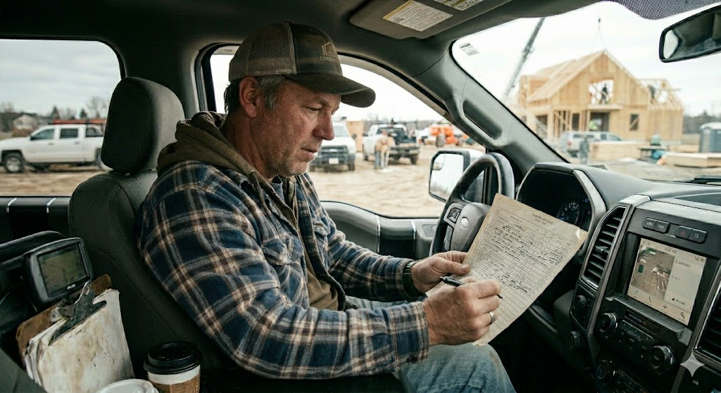 A builder is sitting in their truck on the job site, taking financing notes on a piece of paper.