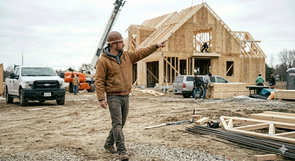 A builder walks on a job site, pointing at something off in the distance.