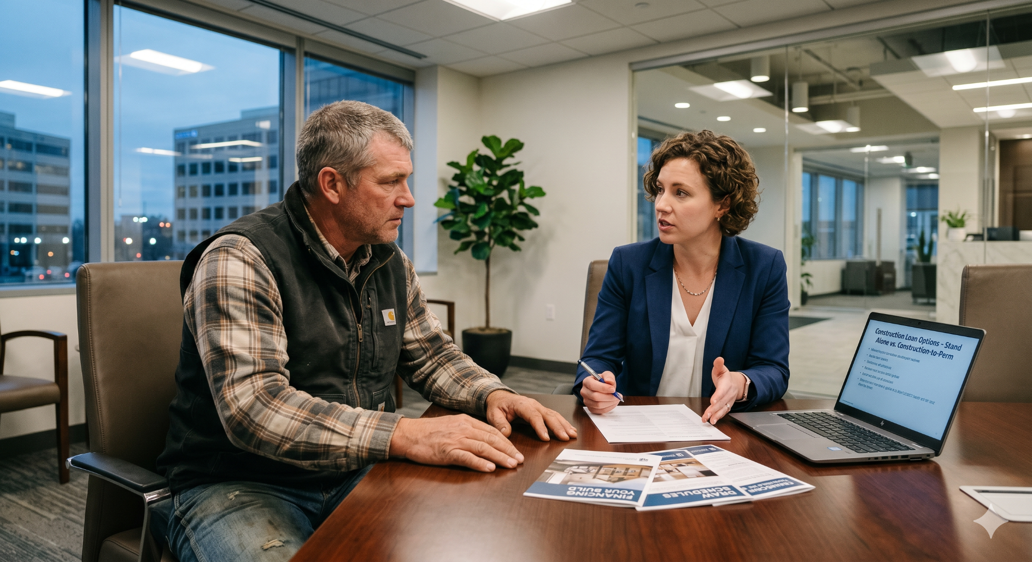 A builder sits in a corporate office with a loan officer to talk about types of construction loans.
