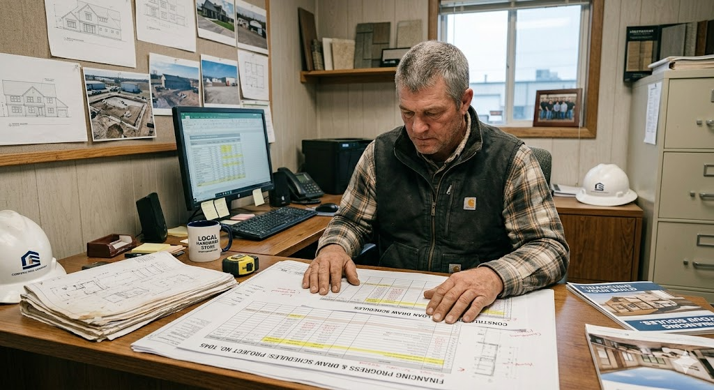 A builder sits in their office reviewing a draw schedule for their construction loan. 
