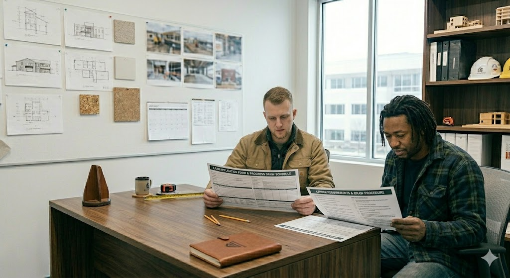 Two builders sit in an office reviewing documents that discuss different loan options. 