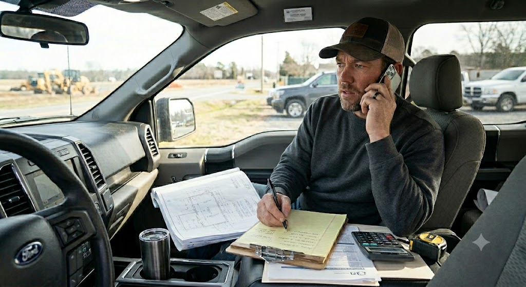 A builder is sitting in their truck, talking on the phone to ask a lender questions.