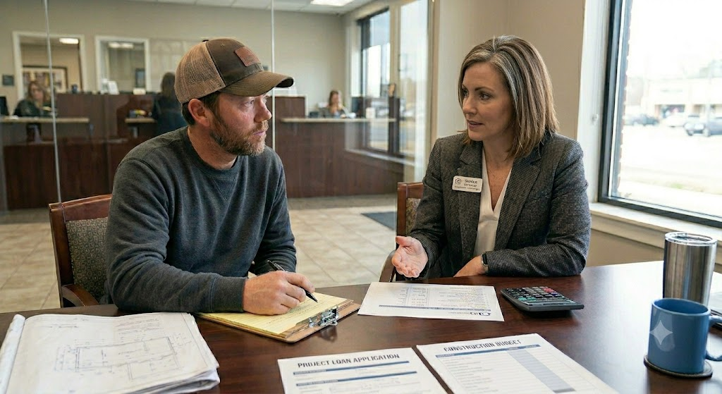 A builder is sitting in an office, asking a lender questions about a loan.