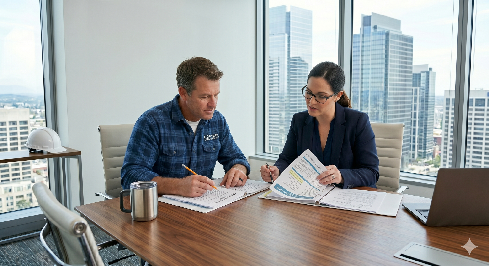 A builder is meeting with a lender in a corporate office.