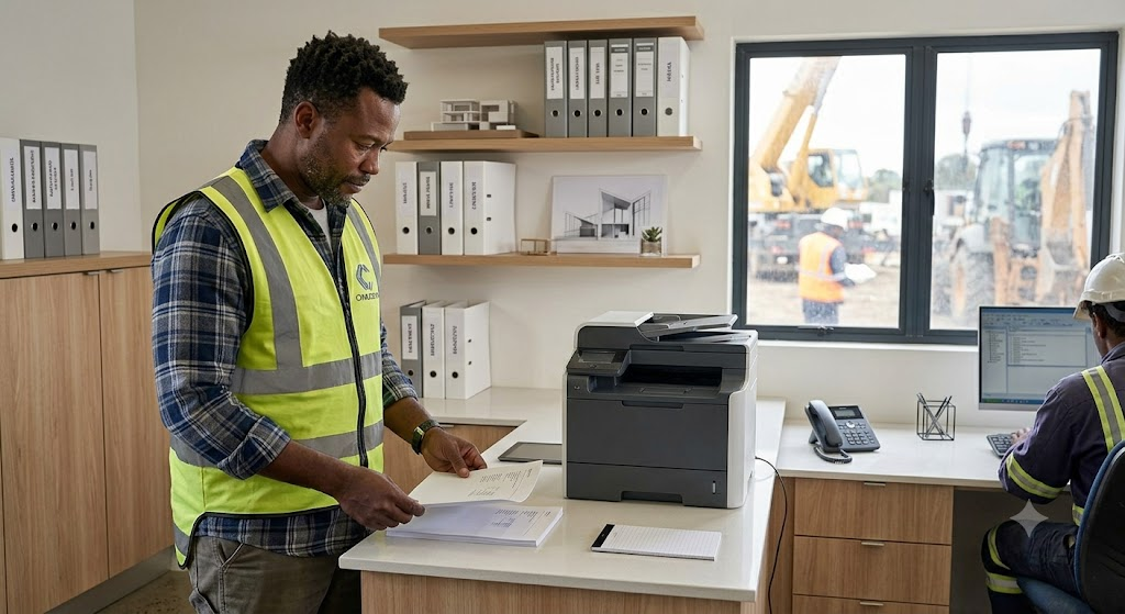 A builder is printing out loan requirement forms before meeting with their lender.