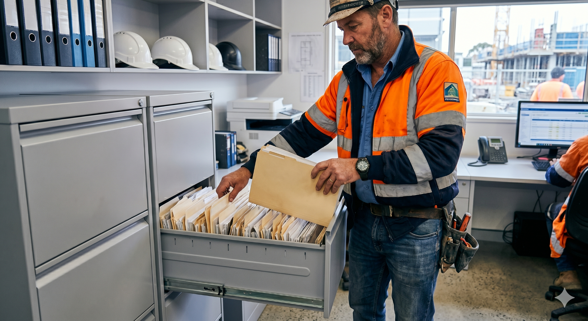 A builder is gathering documents before meeting with a lender.